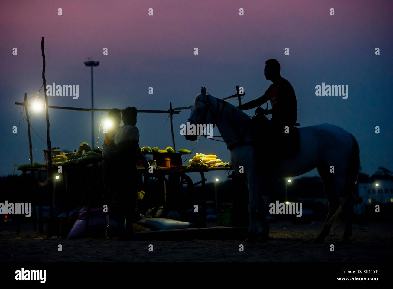Un cavaliere a cavallo sulla spiaggia di Marina di Chennai al tramonto in un alimento in stallo Foto Stock