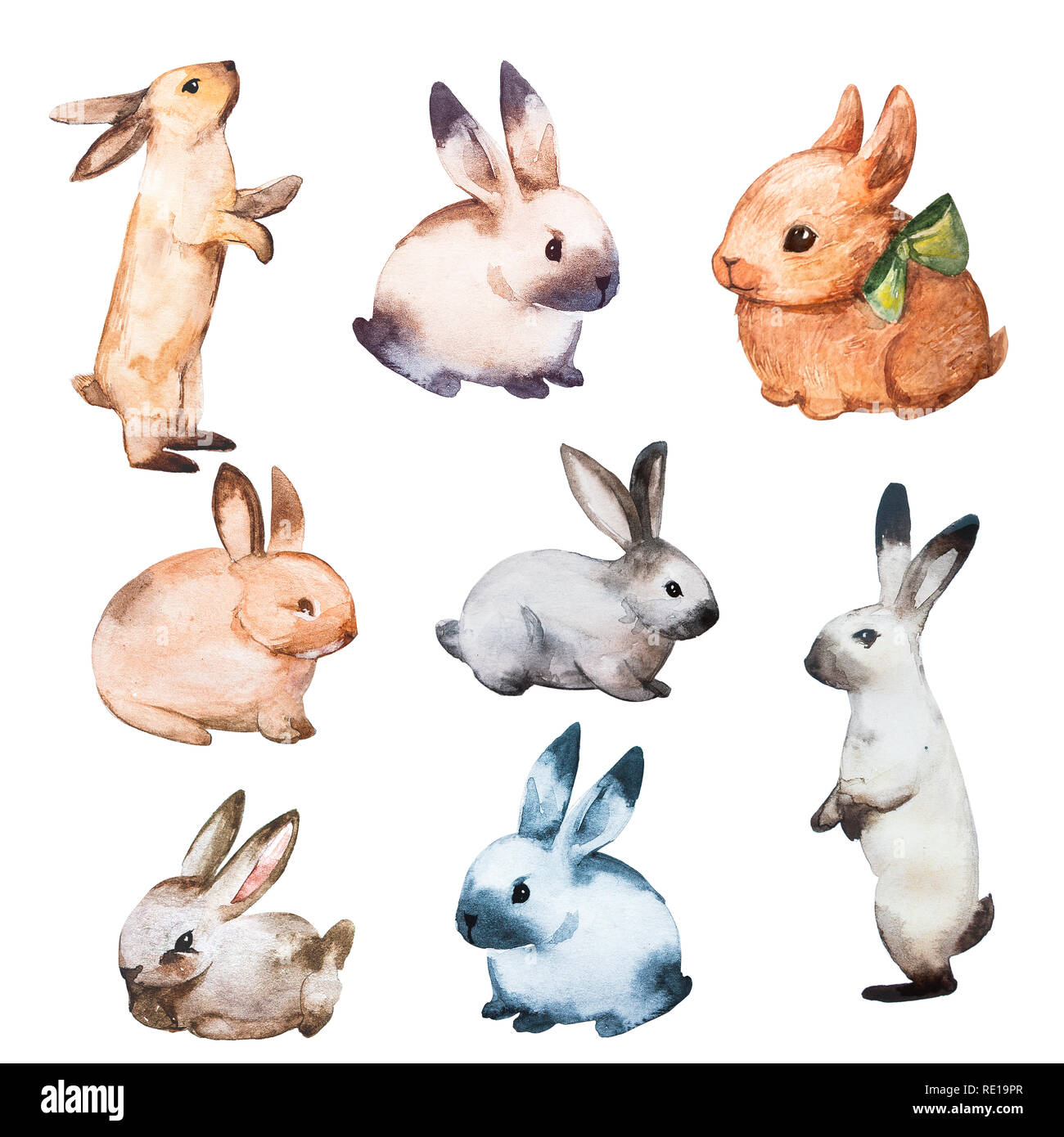 Acquerello di coniglio piatto illustrazione. Isolato graziosi colorati Baby Bunny collezione. Piuttosto scarso carattere lepre in stile cartone animato. Disegnate la fauna selvatica Fluffy Lapin Print Design Foto Stock