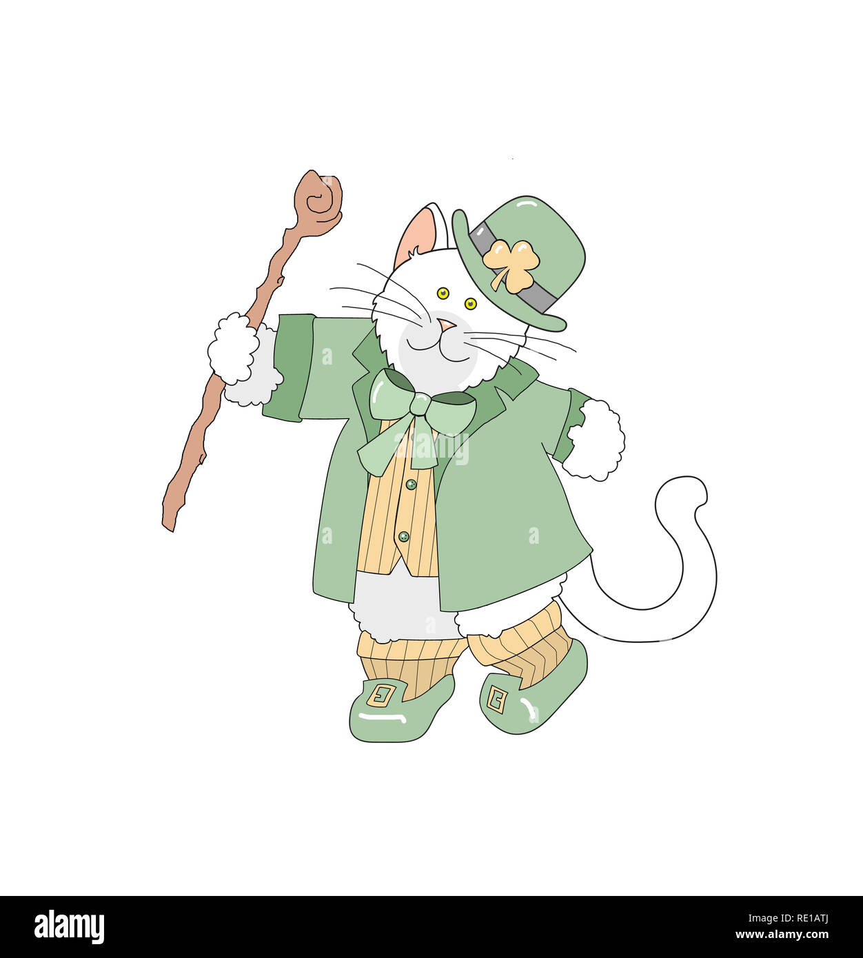 Clip art illustrazione di un gatto/gattino carino vestito come un leprechaun e danza su uno sfondo bianco. Foto Stock