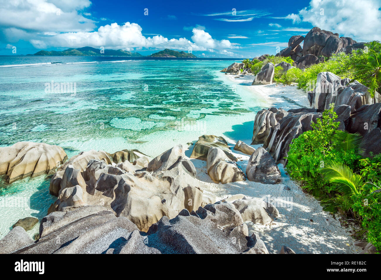 La spiaggia più bella delle Seychelles - Anse Source d'Argent Foto Stock