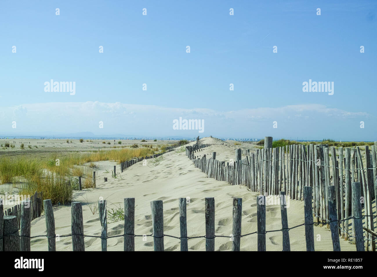 Big Sandy spiaggia Espiguette vicino a Port Camargue e Le Grau-du-Roi, la più selvaggia spiaggia di Gard, Francia Foto Stock