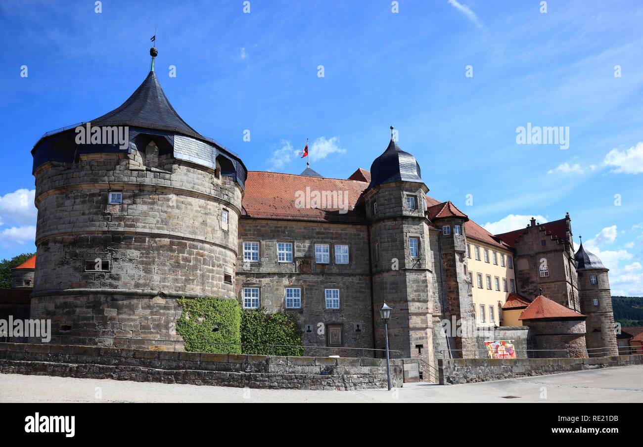 Torre di spessore e capitano della torre, Veste Rosenberg Castello, Kronach, Alta Franconia, Bavaria Foto Stock