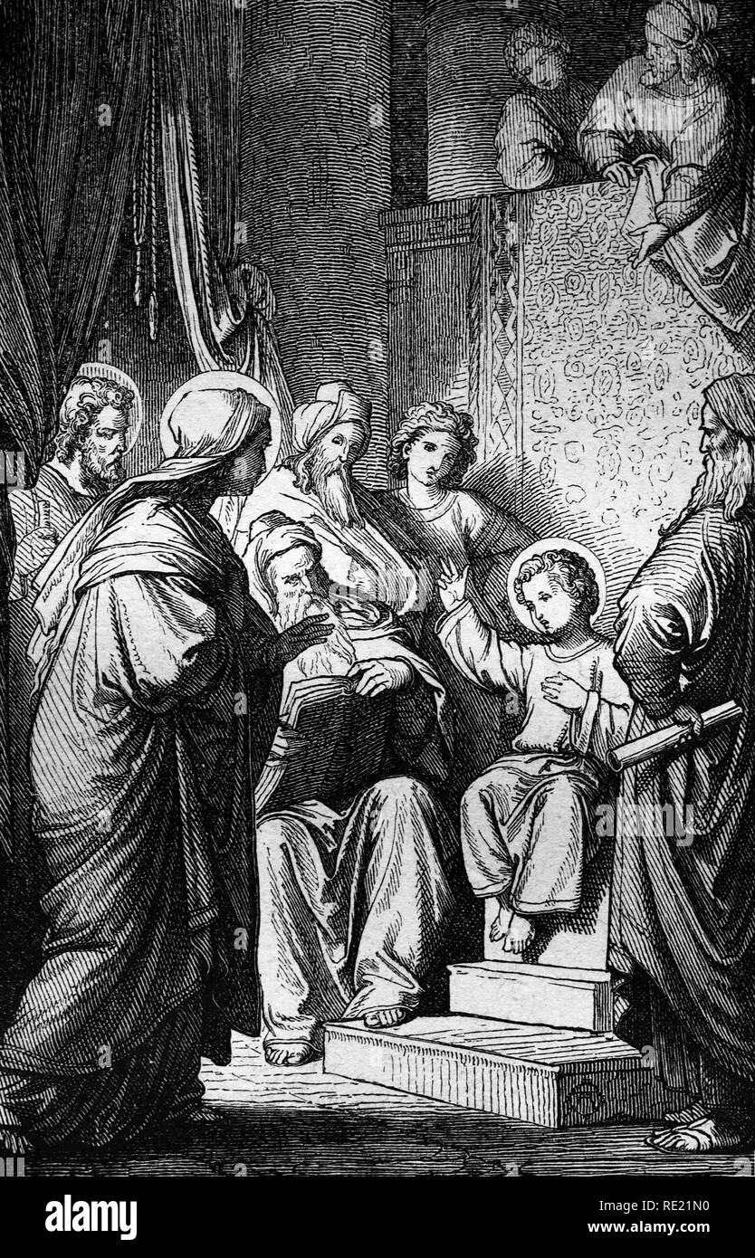 Gesù dodicenne nel tempio, storica incisione in acciaio da 1860 Foto Stock