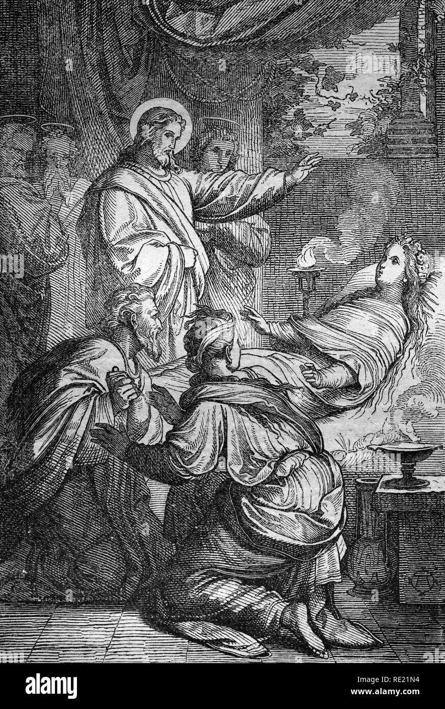 Gesù pone la figlia di Dario, storica incisione in acciaio da 1860 Foto Stock
