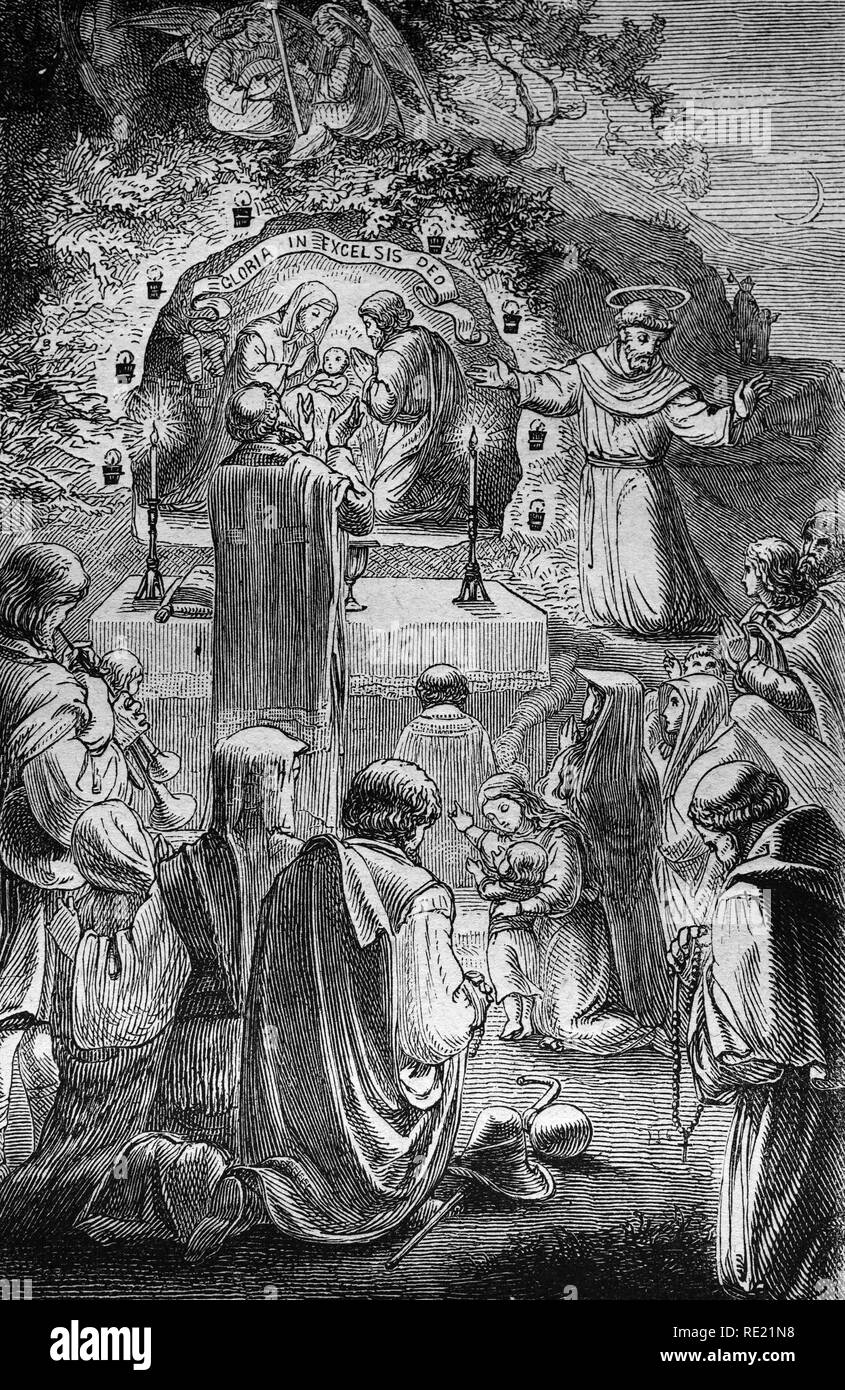 La celebrazione del Natale di San Francesco di Asissi, storica incisione in acciaio da 1860 Foto Stock