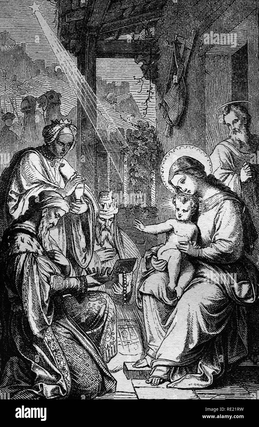 I Magi o tre saggi, storica incisione in acciaio da 1860 Foto Stock