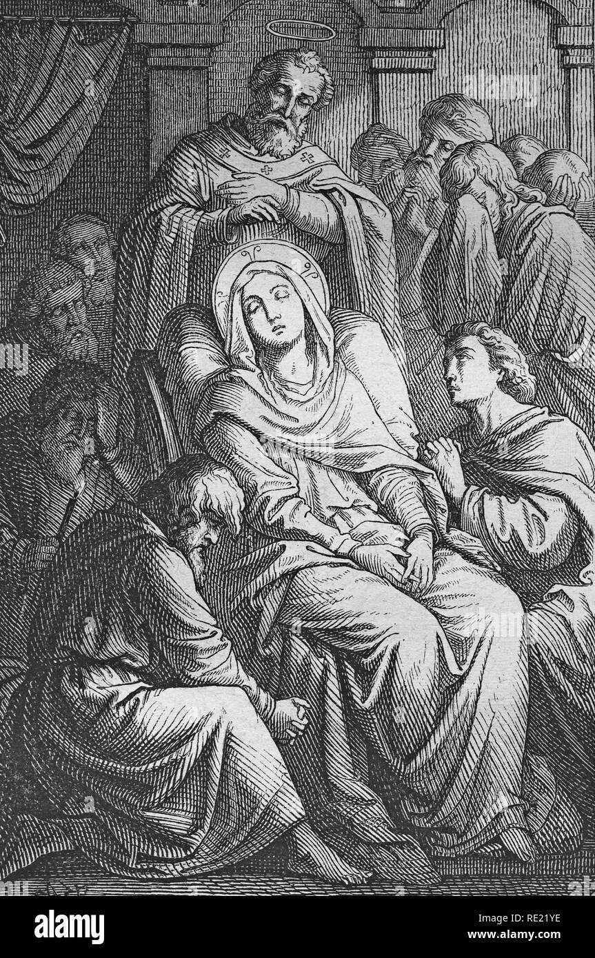 La morte di Maria, storica incisione in acciaio da 1860 Foto Stock