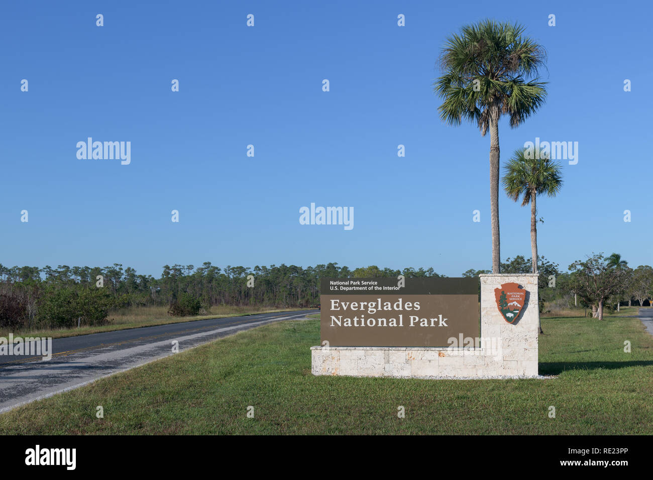 Segno di ingresso a Ernest F. Coe Visitor Centre in Everglades National Park vicino a Homestead, Florida Foto Stock