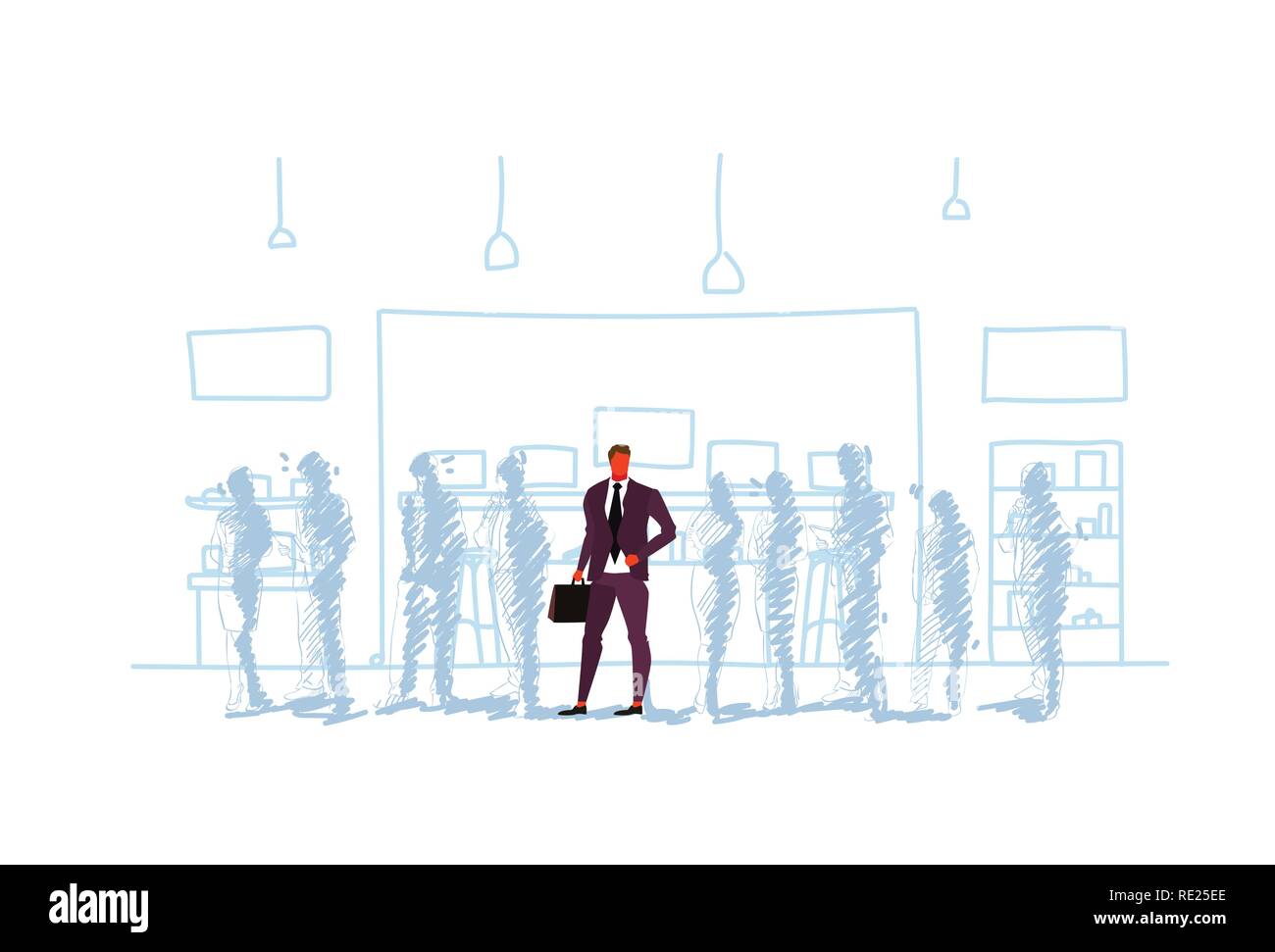 Imprenditore in piedi fuori dalla folla di persone sagome individualità concetto di leadership maschio lunghezza piena di carattere ufficio moderno interior disegno doodle orizzontale Illustrazione Vettoriale