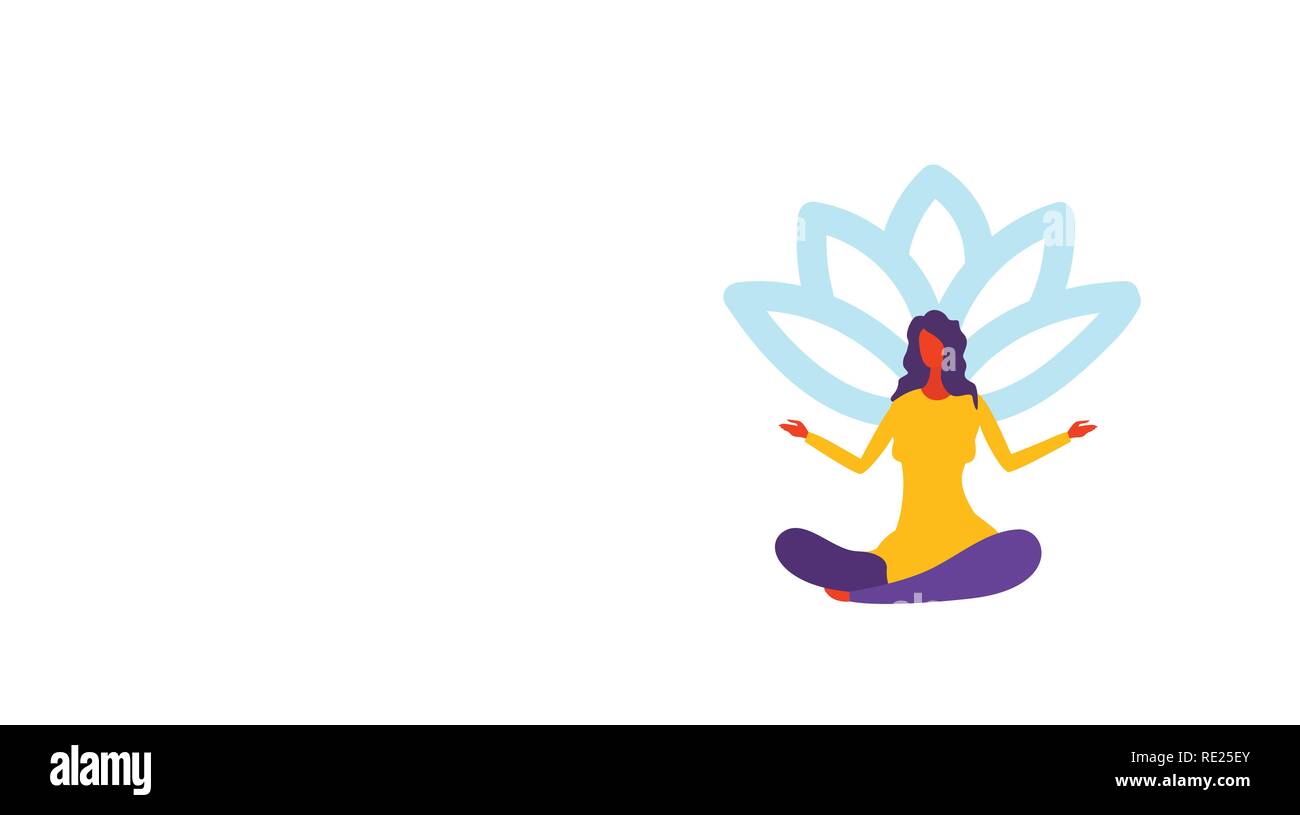 Imprenditrice la meditazione seduta posizione del loto ragazza in posa yoga femmina personaggio dei cartoni animati a lunghezza piena isolati orizzontale Illustrazione Vettoriale