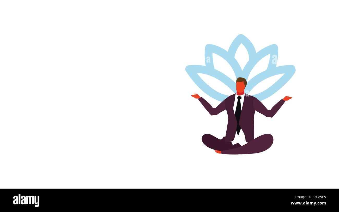 Imprenditore la meditazione seduta posizione del loto business man in posa yoga maschio personaggio dei cartoni animati a lunghezza piena isolati orizzontale Illustrazione Vettoriale