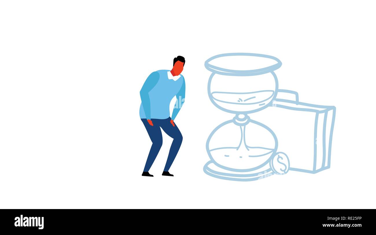 Imprenditore informale vicino a sabbia guardare nella valigetta di time management concetto di scadenza Nome personaggio dei fumetti a piena lunghezza schizzo doodle orizzontale Illustrazione Vettoriale