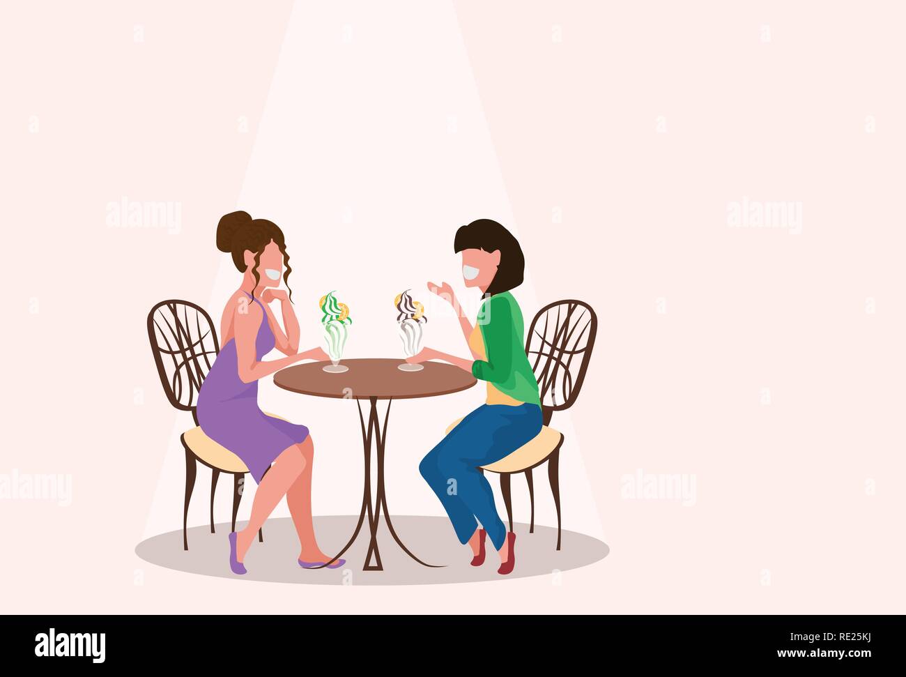 Due donne amici seduti cafe e mangiare il gelato amicizia femminile concetto di comunicazione ragazze avente cordiale chiacchierata piane orizzontali illustrazione vettoriale Illustrazione Vettoriale