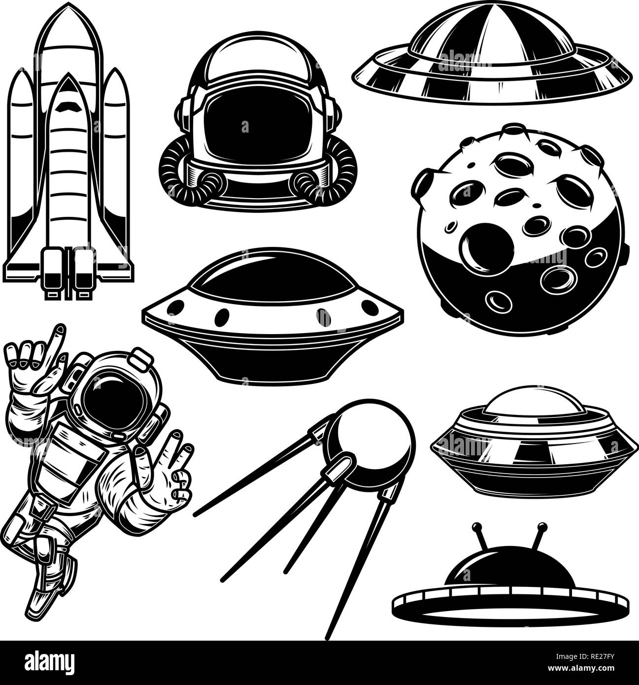 Impostare lo spazio di elementi di design. Spaceman, navetta, ufo, satellite. Per logo, etichette, emblema, segno. Illustrazione Vettoriale Illustrazione Vettoriale