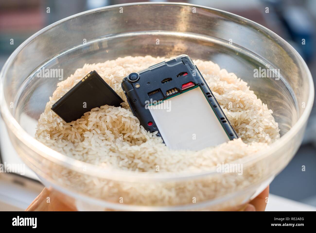 Caduto il telefono in acqua - La correzione è il riso. Lo smartphone ad umido di riparazione nel settore del riso Foto Stock