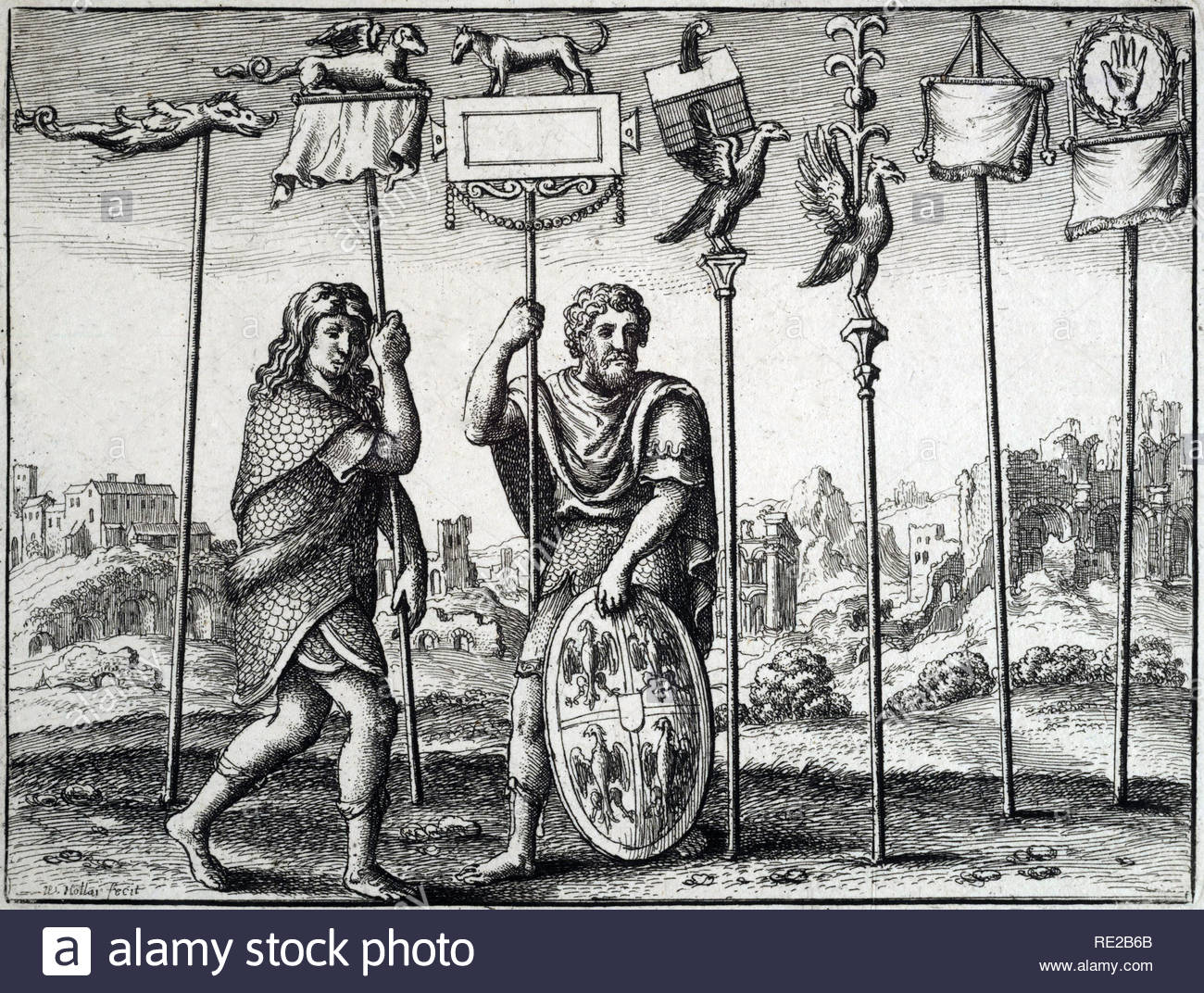 Sette gli standard romani, attacco da incisore boemo Wenceslaus Hollar da 1600s Foto Stock