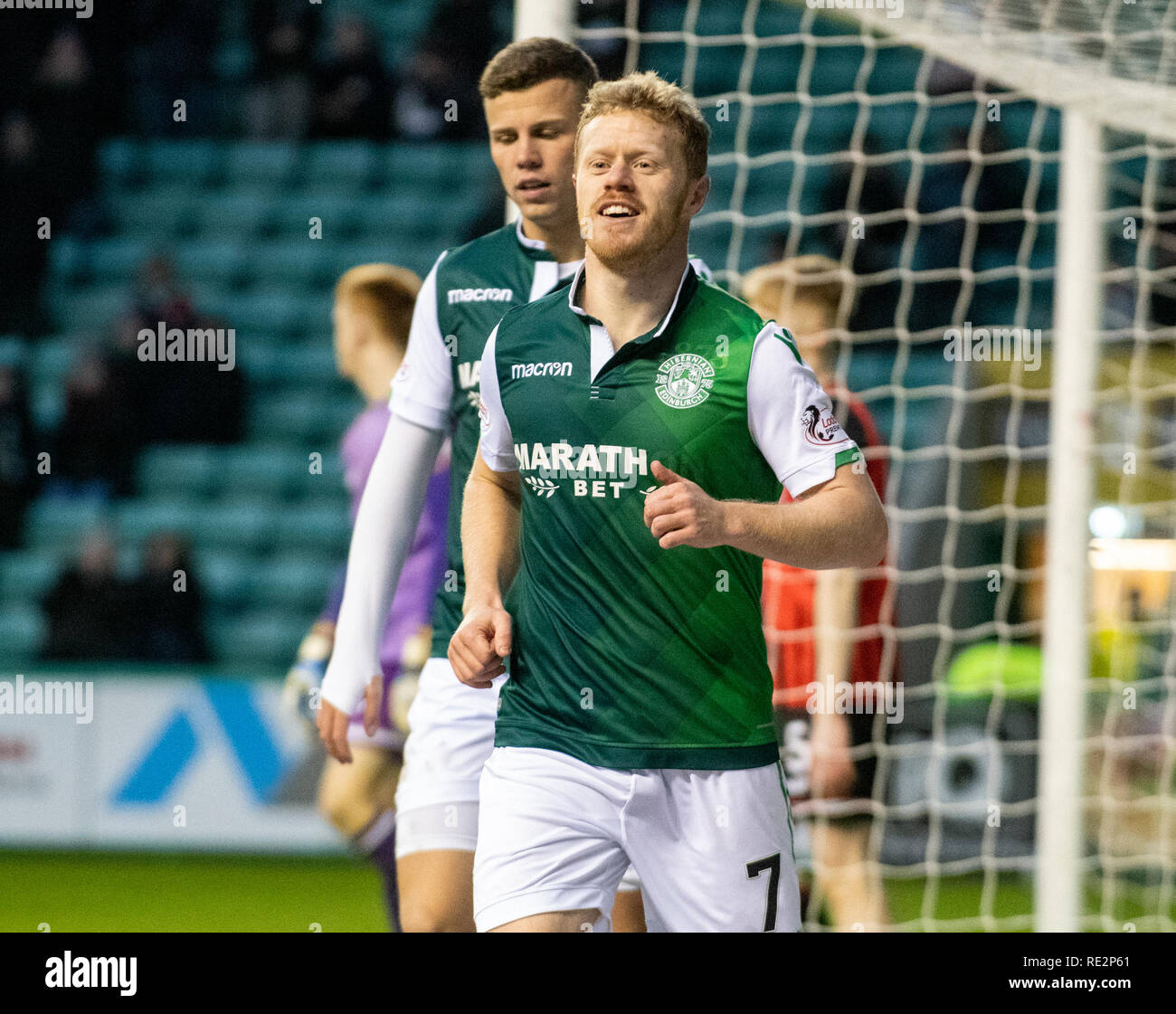 Edinburgh, Midlothian, Regno Unito. 19/01/2019. Pic mostra: Hibs' Centrocampista sinistro, Daryl Horgan, celebra il suo punteggio del laterale 4° obiettivo durante la seconda metà come Hibs ospitano Elgin City nel quarto round della Coppa Scozzese a Easter Road Stadium, Edimburgo Credito: Alamy/Ian Jacobs Credito: Ian Jacobs/Alamy Live News Credito: Ian Jacobs/Alamy Live News Foto Stock