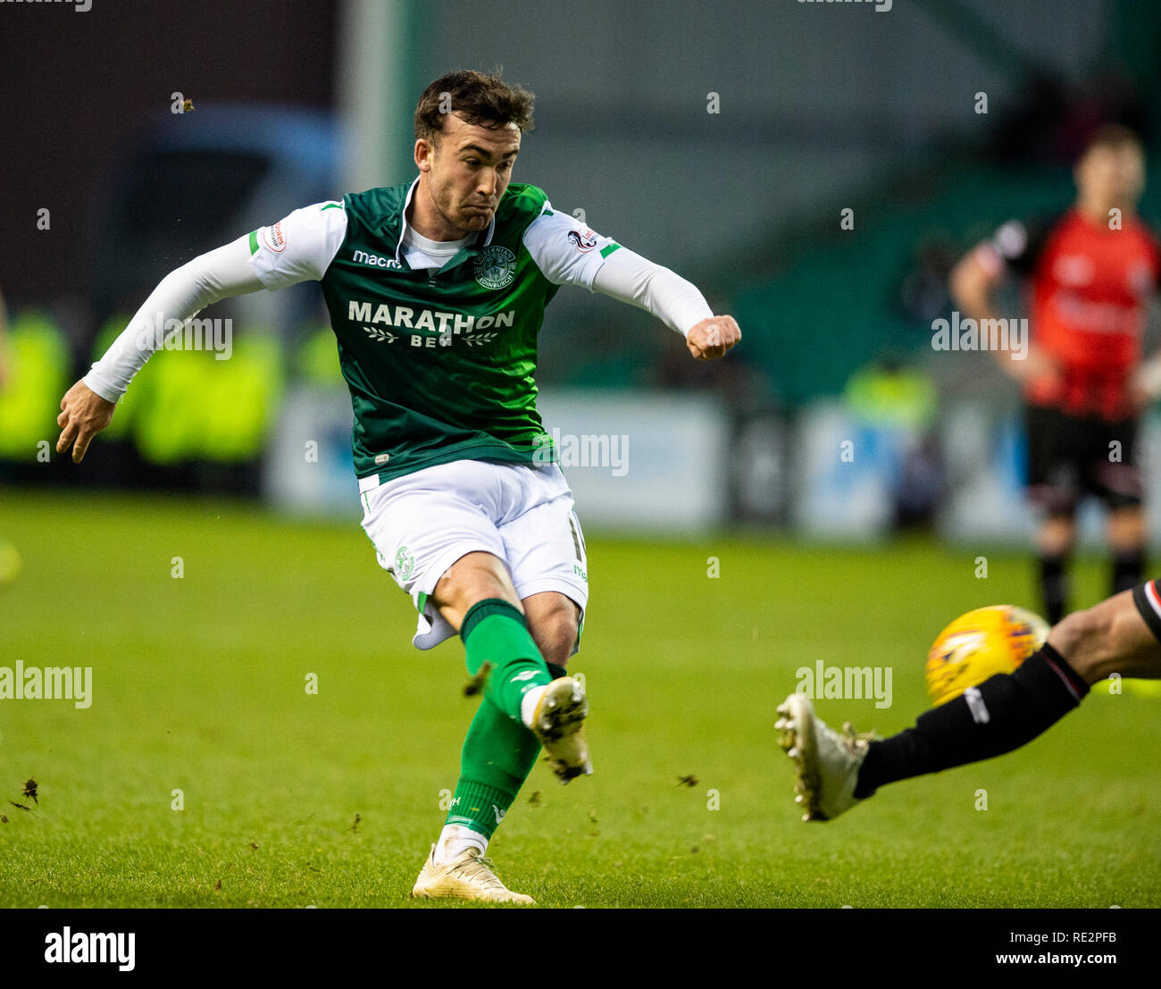 Edinburgh, Midlothian, Regno Unito. 19/01/2019. Pic mostra: Hibs' centrocampista centrale, Stevie Mallan, germogli durante la seconda metà come Hibs ospitano Elgin City nel quarto round della Coppa Scozzese a Easter Road Stadium, Edimburgo Credito: Alamy/Ian Jacobs Credito: Ian Jacobs/Alamy Live News Foto Stock