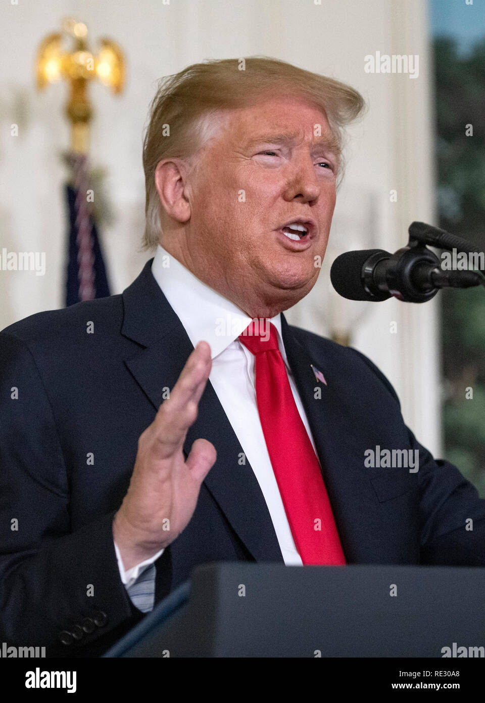 Washington, Stati Uniti d'America. 19 gen 2019. Il Presidente degli Stati Uniti, Trump rende commento sulla crisi umanitaria al confine meridionale del noi e di parziale chiusura del governo federale nella Diplomatic Sala di accoglienza della Casa Bianca. . Credito: Ron Sachs/Piscina via CNP /MediaPunch Credito: MediaPunch Inc/Alamy Live News Foto Stock