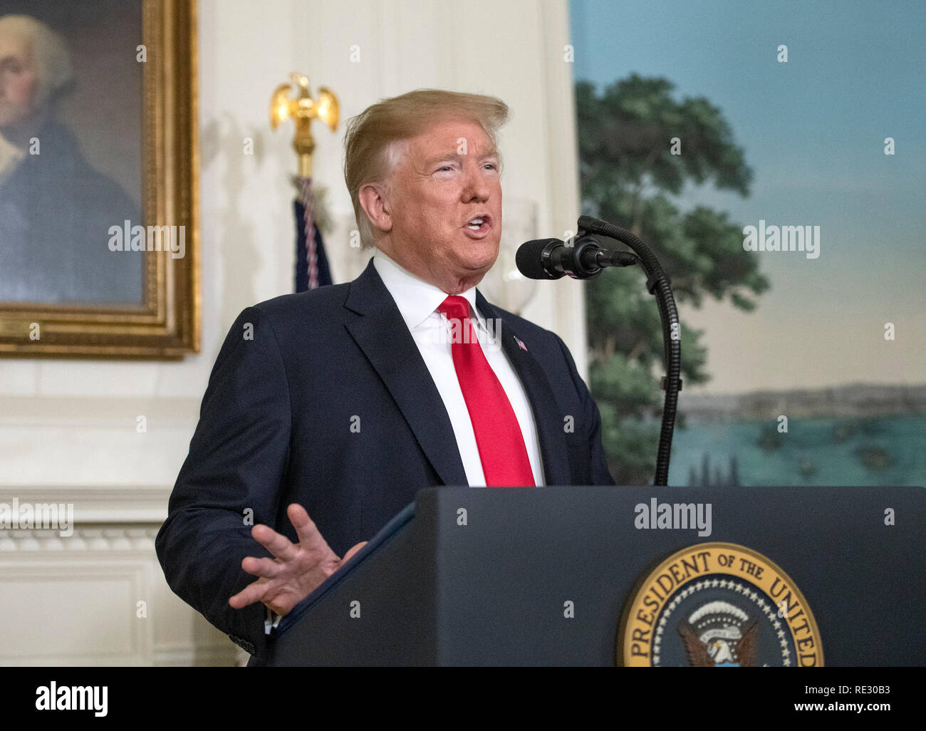 Washington, Stati Uniti d'America. 19 gen 2019. Il Presidente degli Stati Uniti, Trump rende commento sulla crisi umanitaria al confine meridionale del noi e di parziale chiusura del governo federale nella Diplomatic Sala di accoglienza della Casa Bianca. . Credito: Ron Sachs/Piscina via CNP /MediaPunch Credito: MediaPunch Inc/Alamy Live News Foto Stock