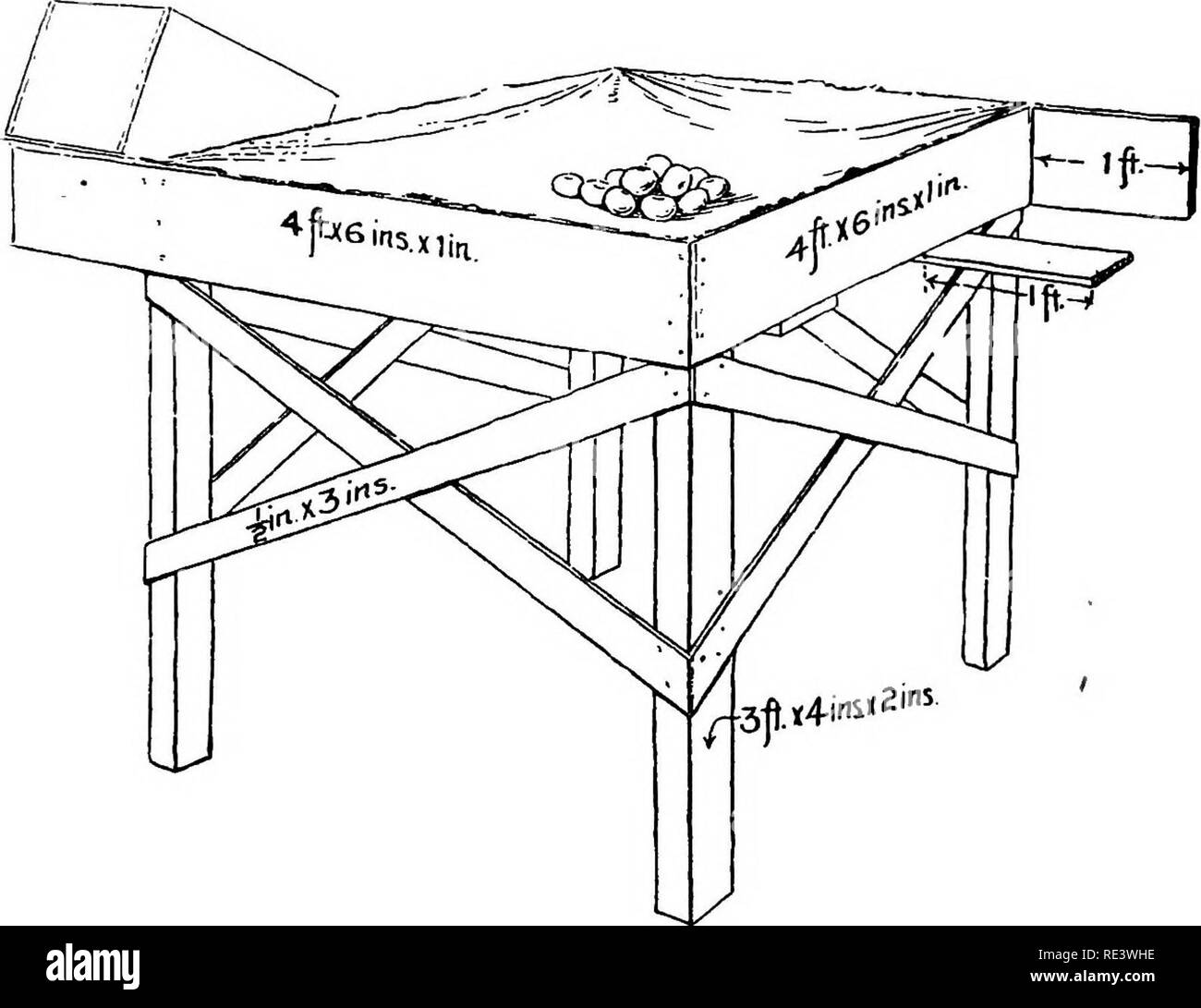 . Orcharding. Frutti-coltura. 137 costretto a pack high-grade mele e hanno sviluppato il loro apple di imbozzimatura di macchinari in modo tale che esso è molto preciso. Essi sono attenti gli imballatori e cosi esperto in modo che il loro costo di imballaggio non è proibitivo. La casella Tavolo da imballaggio. La casella Tavolo da imballaggio, come è mostrato in Fig. 5, è di circa da 3 a 4 piedi, fatta di 6 da 1 pollici per le schede con 2 da 4 pollici di travetti come montanti. Una robusta tela è tesa attraverso la parte superiore dei pannelli. Un vecchio pezzo di tubo di gomma può essere inchiodato lungo. FiQ. 5. - Un conveniente tipo di tavolo da imballaggio. la parte superiore delle commissioni sulla tela per proteggere l'una Foto Stock