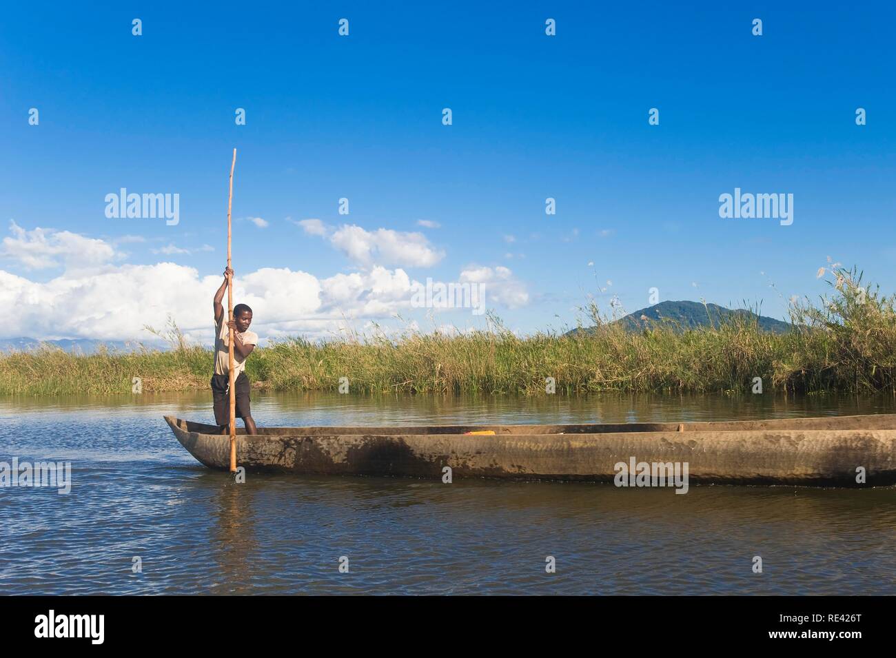 Uomo locale la navigazione nei canali della riserva Andrifotra, Maroantsetra, Madagascar, Africa Foto Stock