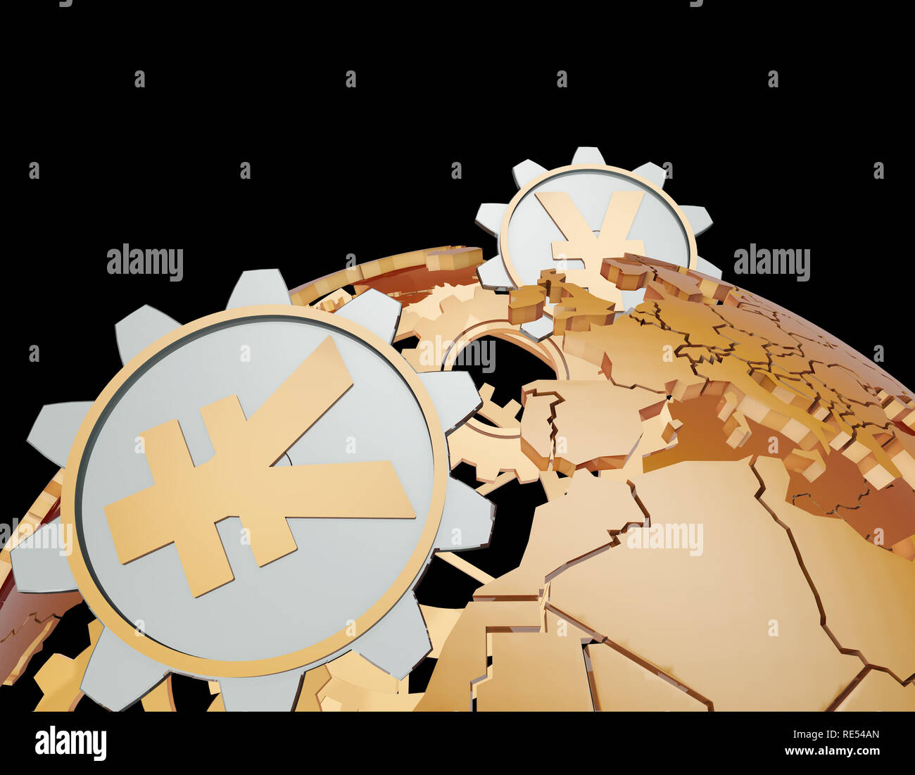 Terra di tecnologia e di ingranaggi, Global Financial Wealth, simboli di valuta,renminbi Foto Stock