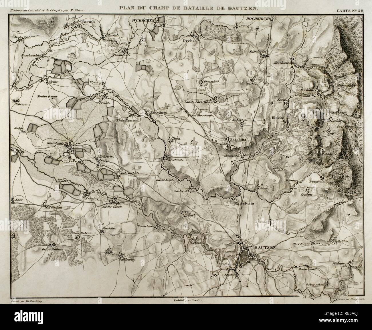 Mappa napoleonica. Campo di battaglia di Bautzen (20-21 maggio 1813). Un combinato Russian-Prussian esercito fu spinto indietro di Napoleone I. vittoria francese. Atlas de l'Histoire du Consulat et de l'impero. La storia del consolato e l Impero di Francia sotto Napoleone da Marie Joseph Louis Adolphe Thiers (1797-1877). Disegni di Dufour, incisioni da Dyonnet. Edito in Parigi, 1864. Foto Stock