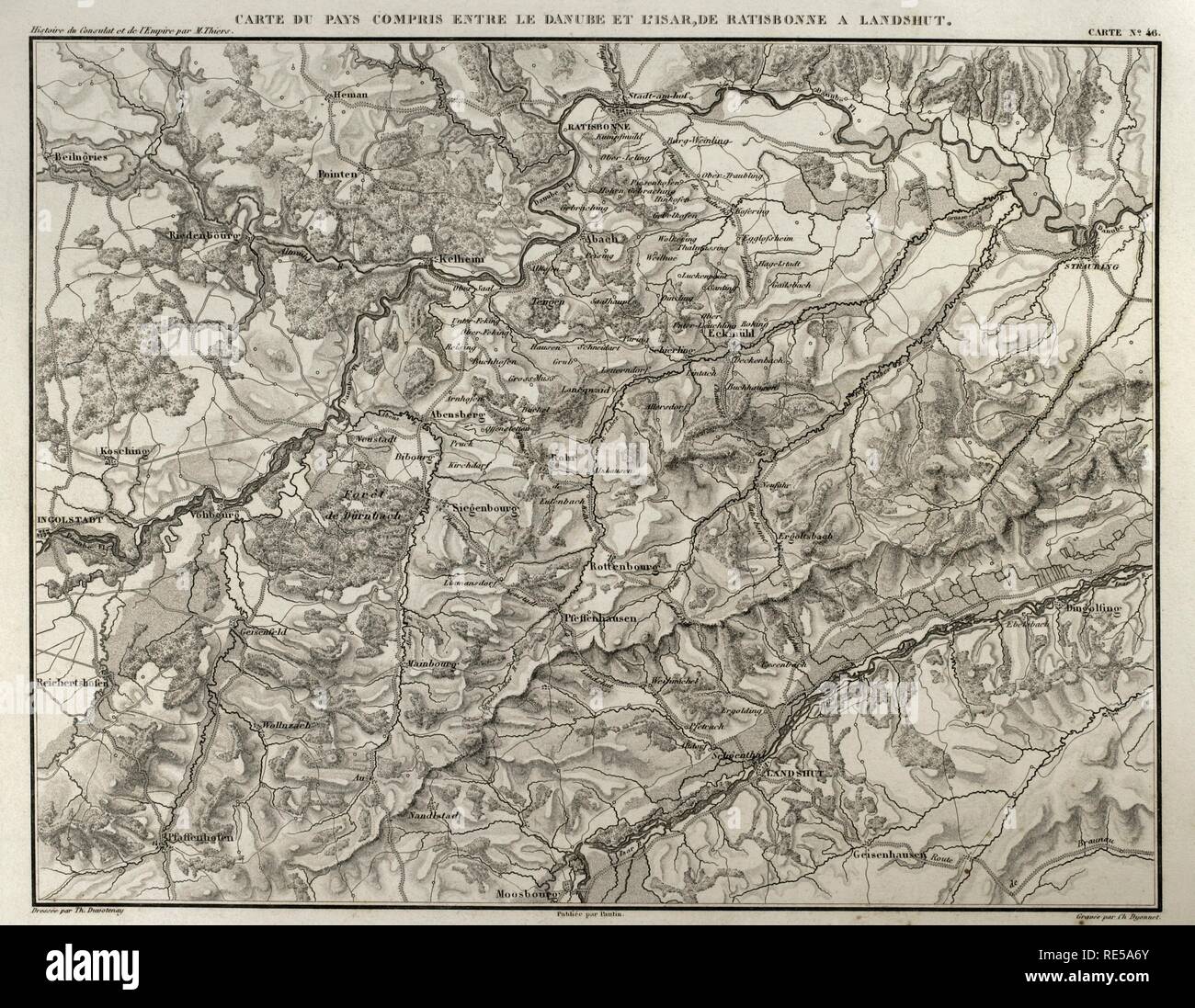 Mappa napoleonica. Territorio tra il Danubio e fiumi Isar, da Regensburg a Landshut (Germania). Atlas de l'Histoire du Consulat et de l'impero. La storia del consolato e l Impero di Francia sotto Napoleone da Marie Joseph Louis Adolphe Thiers (1797-1877). Disegni di Dufour, incisioni da Dyonnet. Edito in Parigi, 1864. Foto Stock