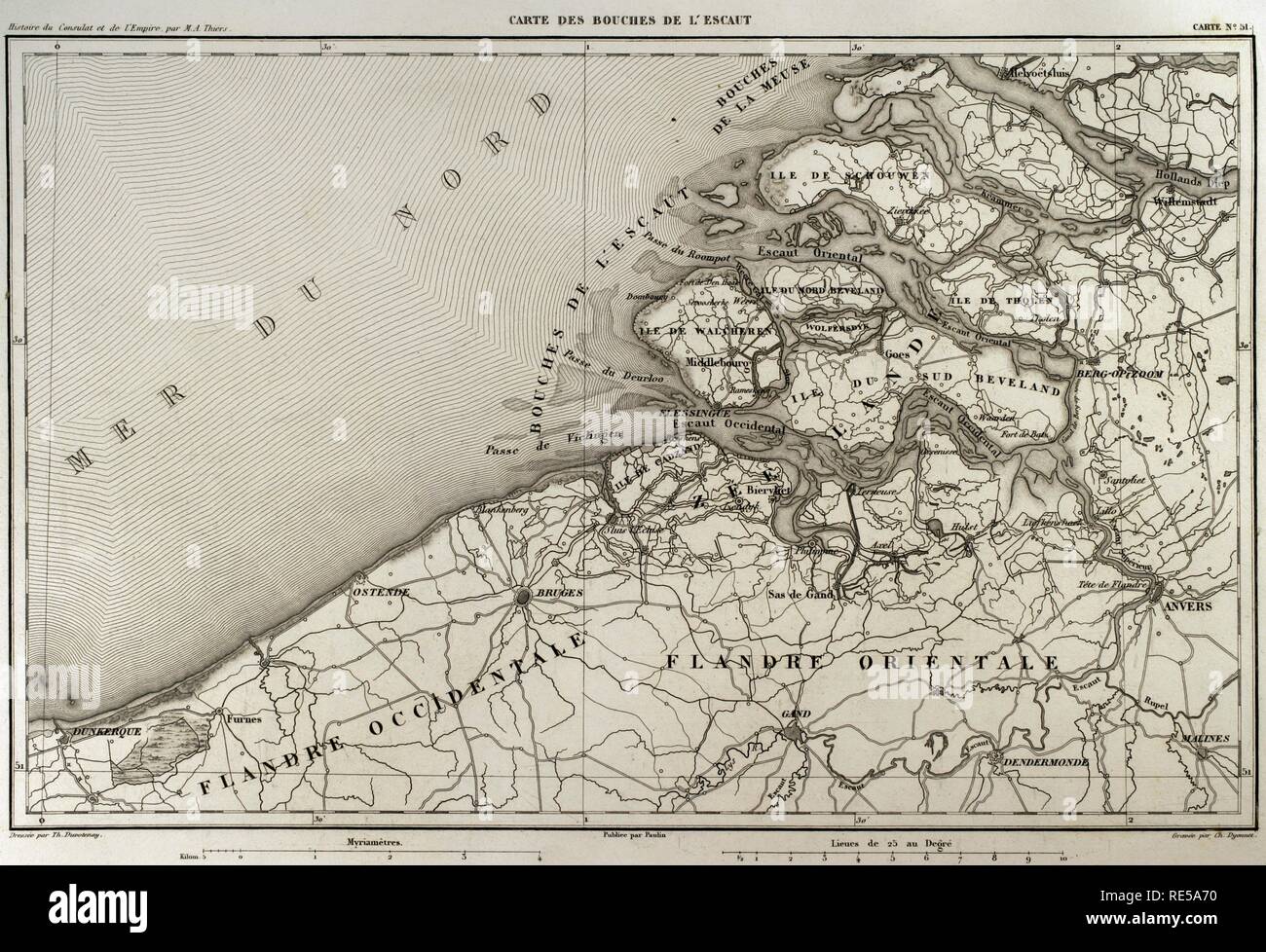 Mappa napoleonica. Foce del fiume Scheldt (Bouches-de-l'Escaut). È stato un dipartimento del primo impero francese che è stata formata nel 1810, quando il Regno di Olanda fu annessa dalla Francia. (Paesi Bassi). Schelda è un fiume europeo che nasce in Francia, attraversa il Belgio e si svuota nel Mare del Nord formando un estuario. Atlas de l'Histoire du Consulat et de l'impero. La storia del consolato e l Impero di Francia sotto Napoleone da Marie Joseph Louis Adolphe Thiers (1797-1877). Disegni di Dufour, incisioni da Dyonnet. Edito in Parigi, 1864. Foto Stock