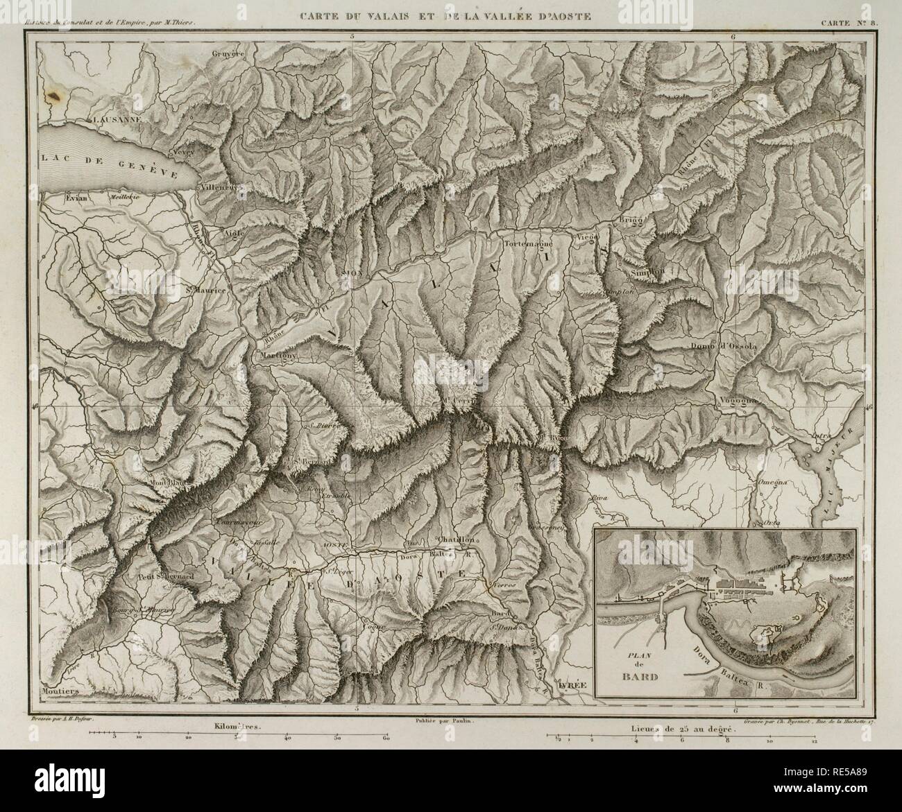 Mappa napoleonica del Vallese (Svizzera) e la Valle d'Aosta (Italia settentrionale). Atlas de l'Histoire du Consulat et de l'impero. La storia del consolato e l Impero di Francia sotto Napoleone da Marie Joseph Louis Adolphe Thiers (1797-1877). Disegni di Dufour, incisioni da Dyonnet. Edito in Parigi, 1864. Foto Stock