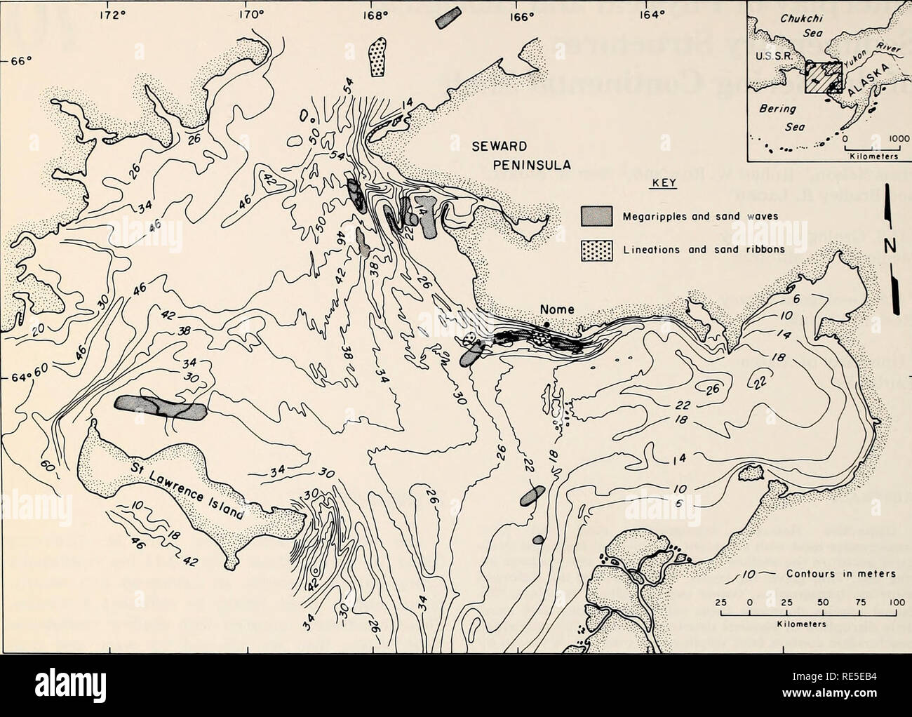 . La parte orientale del Mare di Bering ripiano : oceanografia e risorse / a cura di Donald W. cofano e John A. Calder. Oceanografia del mare di Bering.. 1266 l'interazione di rocce sedimentarie e acqua-regimi di colonna. Figura 70-1. Impostazione, physiography, e localizzazione di grandi bedforms attualmente noti nel nord del mare di Bering. Batimetria modificati da Hopkins et al. (1976). Grandi bedforms dalla Giordania (1962), Grim e McManus (1970), L. Toimil (comunicazione personale), e Nelson (dati non pubblicati). Si prega di notare che queste immagini vengono estratte dalla pagina sottoposta a scansione di immagini che possono essere state migliorate digitalmente per Foto Stock