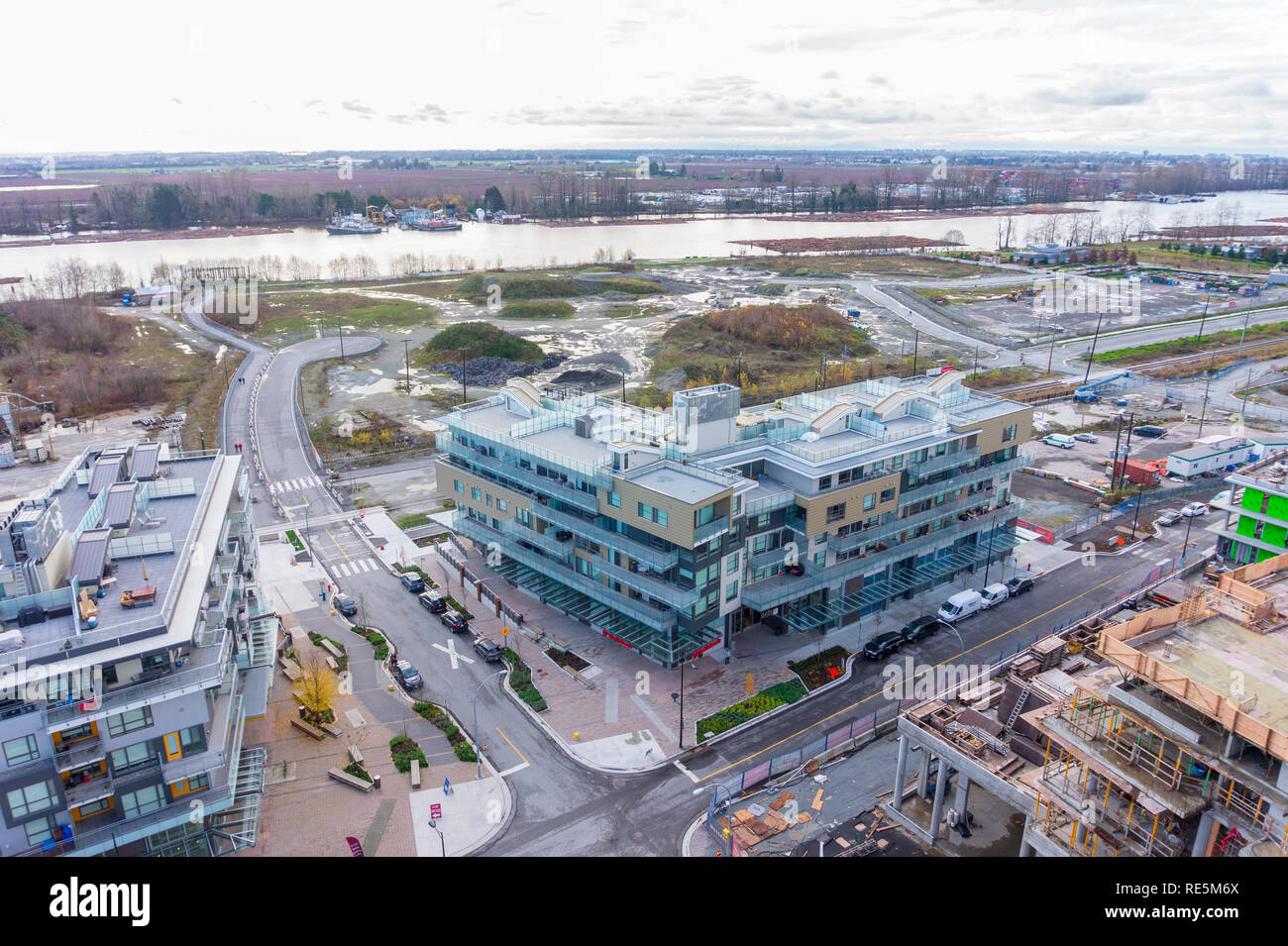 Alta Vista del paesaggio di Vancouver's River District, la nuova area di alloggiamento e di immobili in costruzione Foto Stock