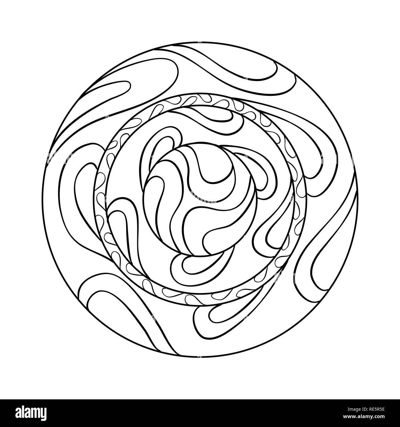 Asimmetrico contorno nero mandala design con gocce in un cerchio di forma geometrica. Logotipo semplice per la scuola di yoga Illustrazione Vettoriale