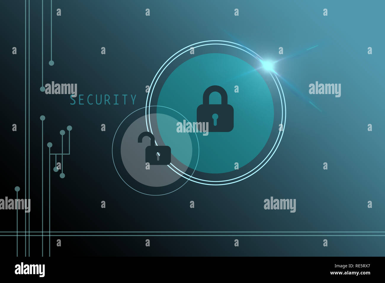 Il concetto di arte del computer e web la protezione con password di sicurezza in neon di luce a colori su sfondo blu scuro Foto Stock