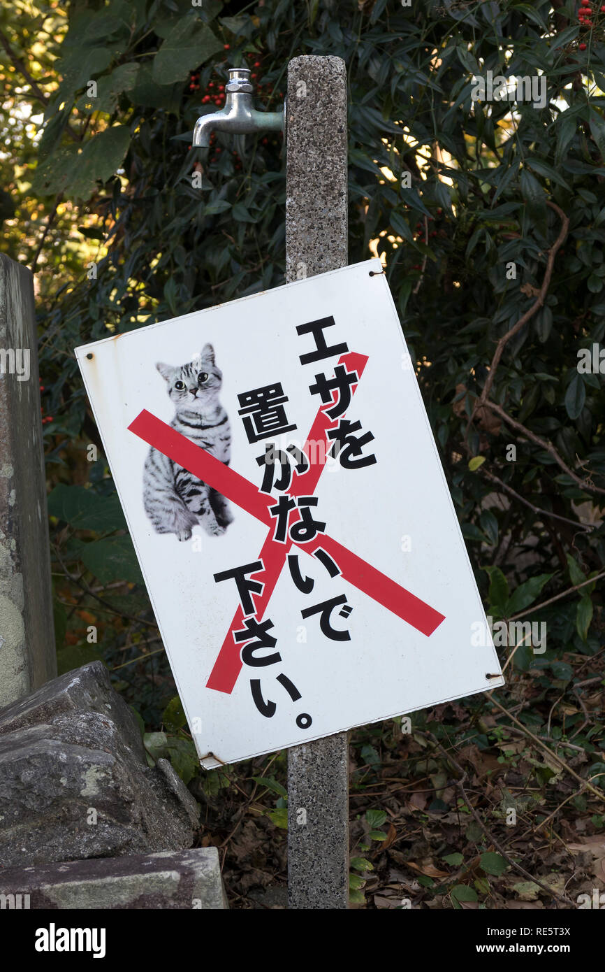 Kumamoto, Giappone - 13 Novembre 2018: firmare nessun gatti ammessi inil tempio motivi dell'Honmyo-ji Foto Stock