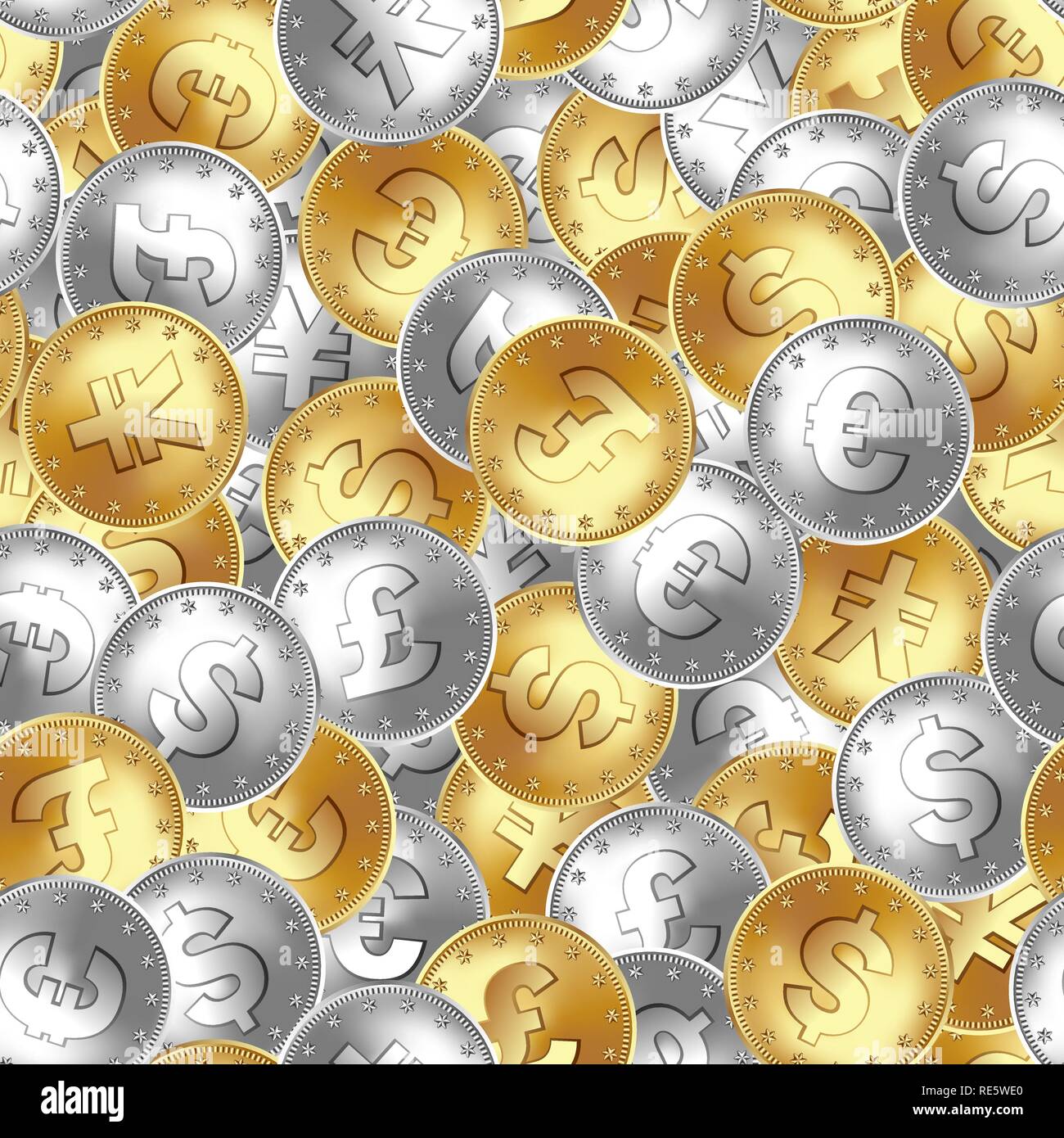 Modello senza giunture. Golden e Silver coin, denaro, posa in ordine casuale. Illustrazione Vettoriale
