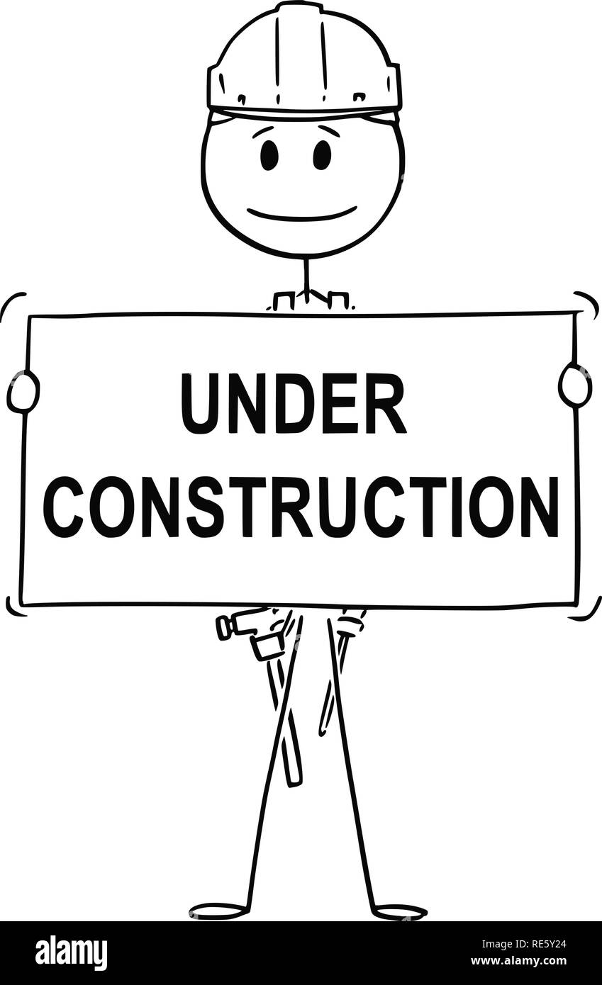 Cartoon di un artigiano o un tecnico tenendo sotto il segno di costruzione Illustrazione Vettoriale