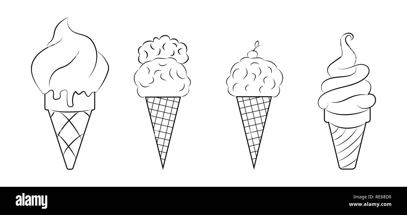 Serie di immagini di contorno di gelato in cialda tazze Illustrazione Vettoriale