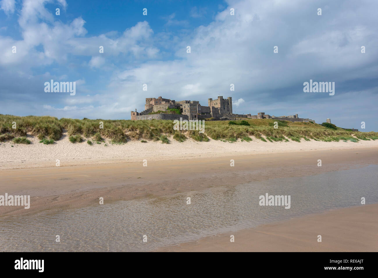 Il castello di Bamburgh da Bamburgh Beach, Bamburgh, Northumberland, England, Regno Unito Foto Stock