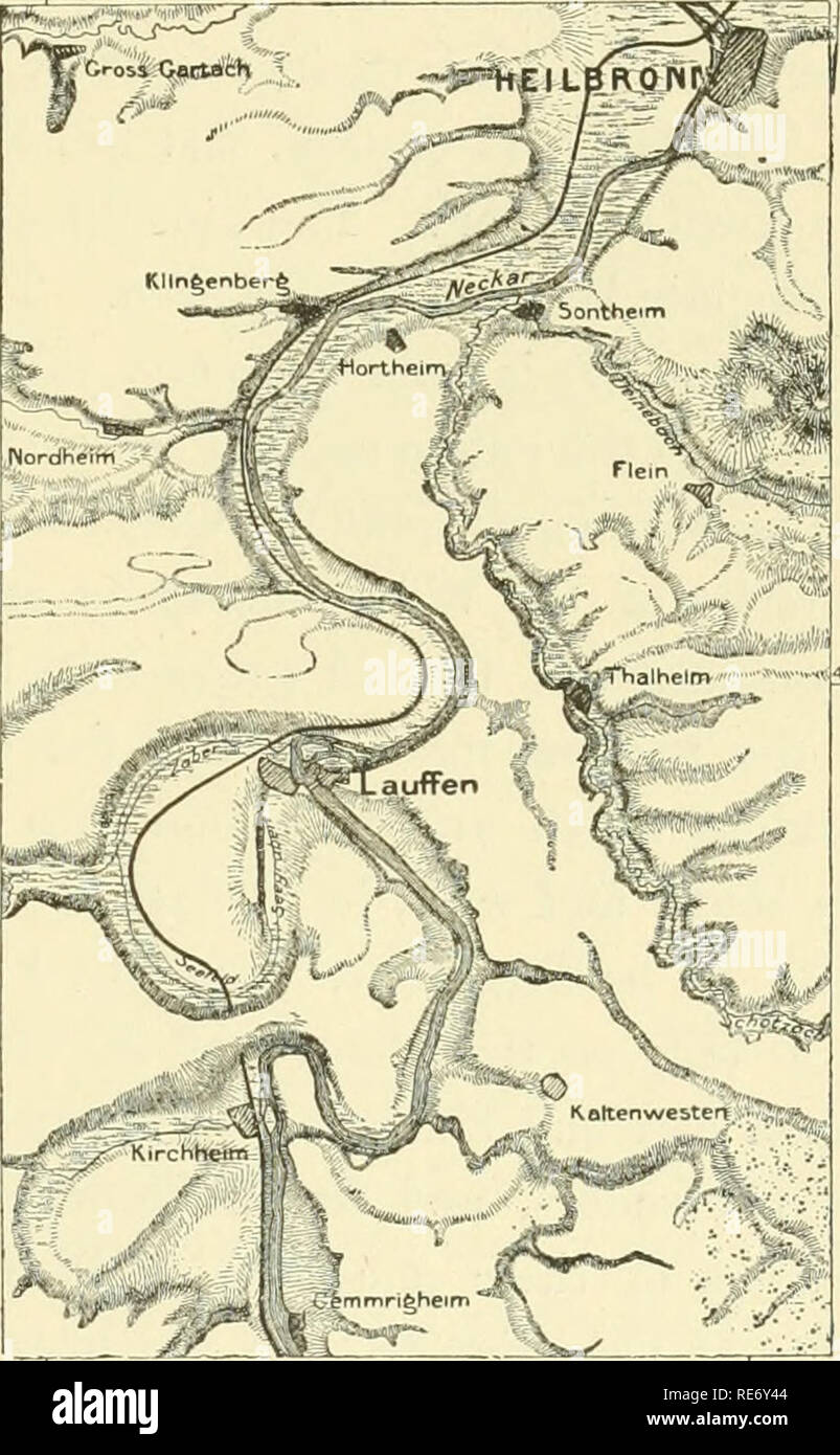 . La terra e i suoi abitanti ... La geografia. WÛETTEMBEEG E HOHENZOLLERN. 219 Fig.;. 126. Heilbeonn e il " loop " di Lauffen. Scala 1 : 163000. |c.".^^fcH ^^^,=::âP^^IO L^ROWi;. Più a nord tlie, divide l'altopiano centrale dell'Rauhe Alp da quella del Albach. Un terzo sulla gola del fiume separa la Albach dal Hardtfeld ; e la bavarese Wernitz divide la fortezza svevo dal Giura francone. Queste violazioni, o gole, offrono servizi particolari per la costruzione di strade e ferrovie. Le montagne calcaree della Svevia sono come ricco di fossili come sono quelli di SVIZZ Foto Stock