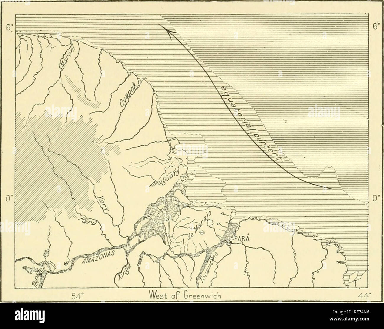 . La terra e i suoi abitanti ... La geografia. Amazzoni estuario. 101 sud dell isola di Marajo estuario ramifies in un labirinto di insenature e CHAN- NEL, che si fondono in un altro estuario, quello dell'E,io Tocantins. A prima vista tutte queste acque fluviali potrebbe sembrano appartenere al sistema amazzonico. Ma le Amazzoni e Tocantins correnti non si mischiano, o almeno possono farlo per un poco apprezzabile. Tuttavia le insenature occidentale attraverso il quale le Amazzoni comunica con il Rio Para sono inondati dalle acque del grande fiume. Così una piccola porzione della corrente maggiore woul Foto Stock