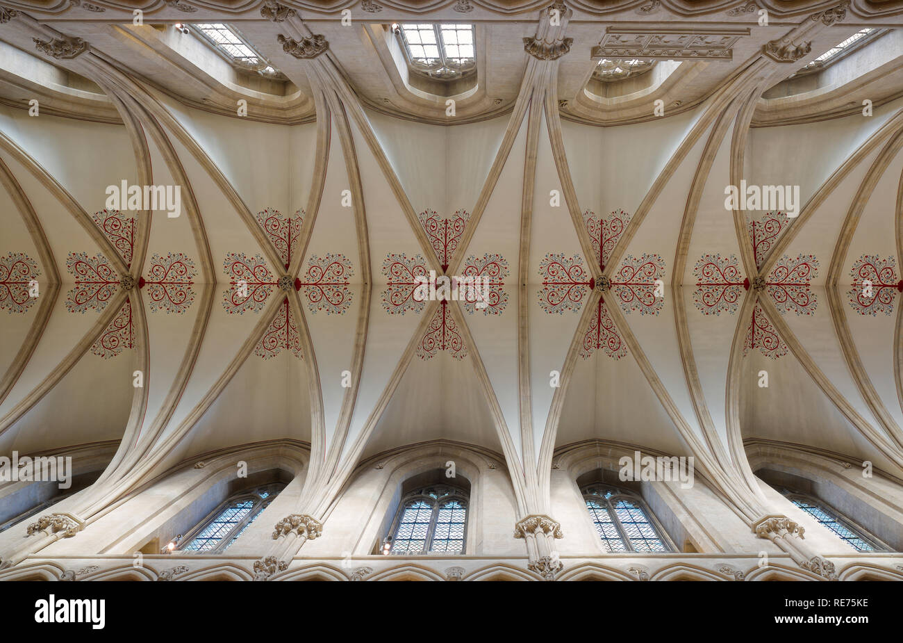 Vista del soffitto della navata a Cattedrale di Wells. Pozzetti Foto Stock