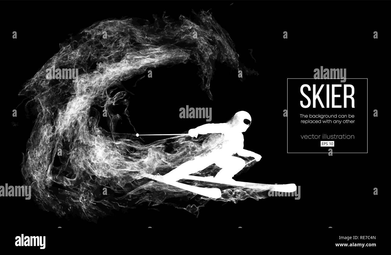 Silhouette astratta di uno sciatore su scuro su sfondo nero da particelle, polvere, fumo o vapore. Sciatore carving e esegue un trucco. Sfondo può essere cambiato in qualsiasi altro. Illustrazione Vettoriale Illustrazione Vettoriale