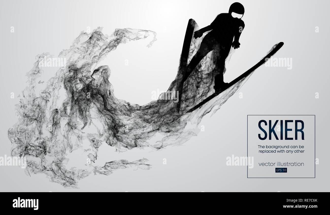 Silhouette astratta di uno sciatore isolato su sfondo bianco da particelle, polvere, fumo o vapore. Sciatore jumping ed esegue un trucco. Sfondo può essere cambiato in qualsiasi altro. Illustrazione Vettoriale Illustrazione Vettoriale