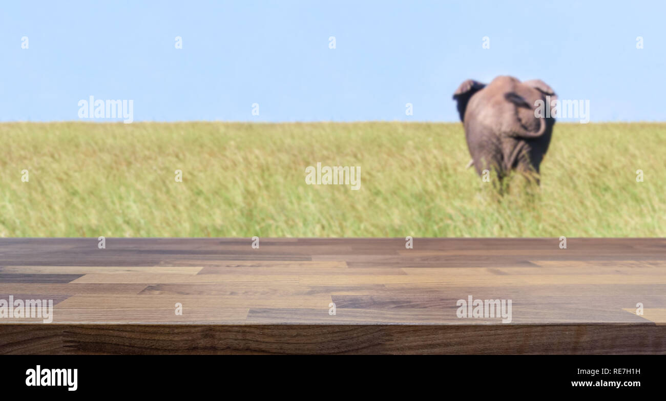 Tabella vuota top per display del prodotto montage. Safari Lodge concetto ed Elephant sfocati in background. Foto Stock