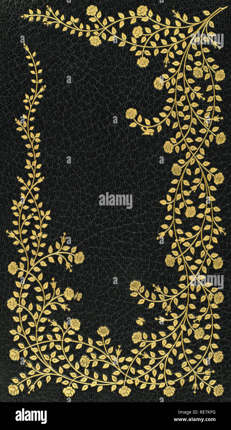 Xix secolo per la copertina del libro dal modello 1898 prenota con spruzzo di rose e foglie contro il blu scuro pattern. Foto Stock