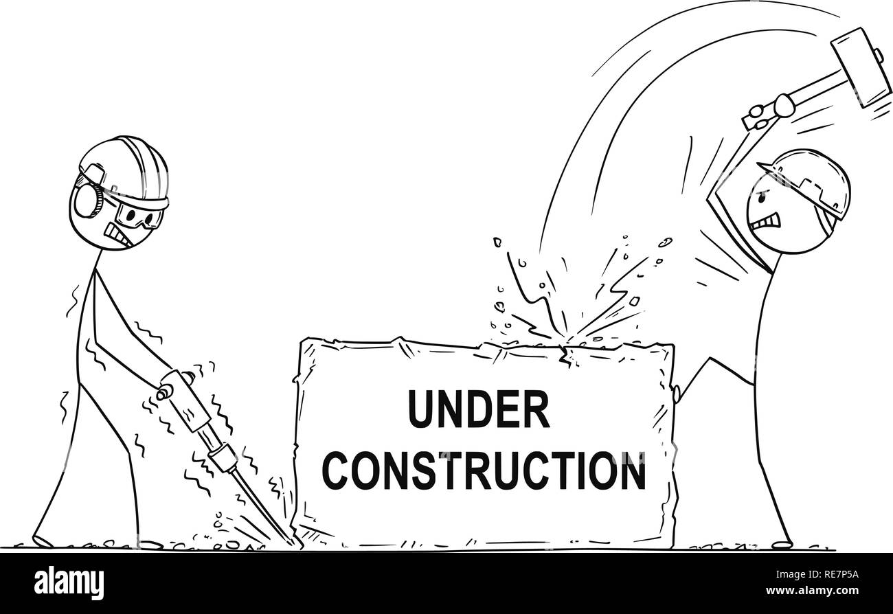 Cartoon di due operai o operai a lavorare con martello e trapanare su roccia o pietra con in costruzione il testo Illustrazione Vettoriale