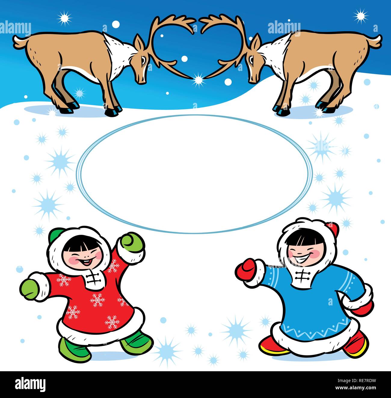 La foto mostra i bambini vestiti in costumi etnici.Essi sono il divertimento sulla neve bianca.vicino a loro sono le renne.illustrazione fatta in stile cartoon Illustrazione Vettoriale
