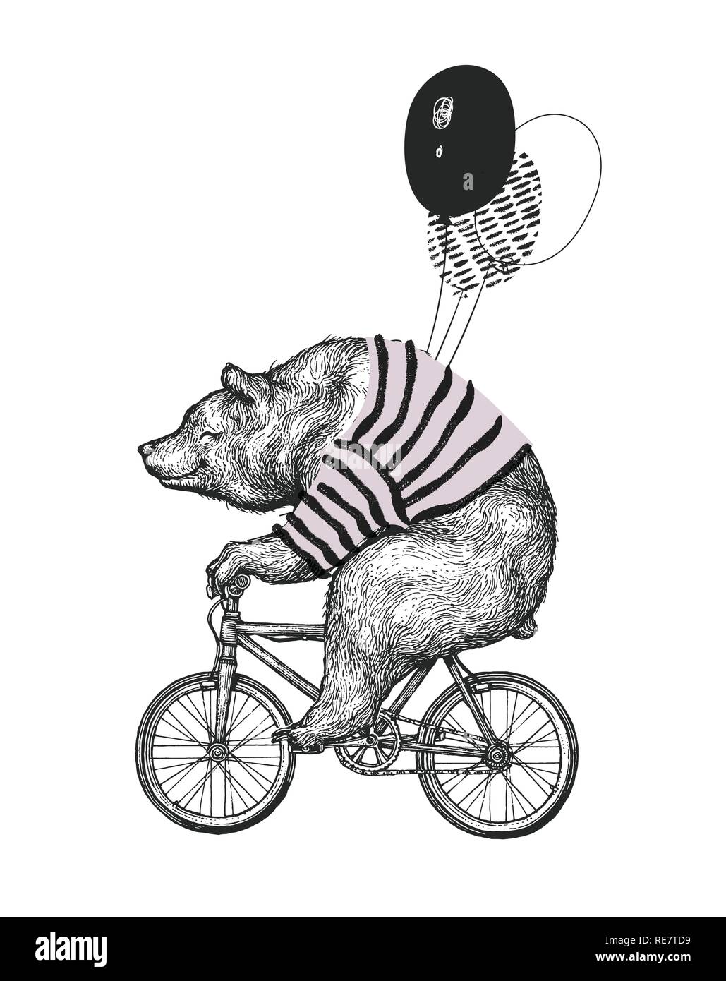 Bear guidare la bicicletta palloncino T-shirt Stampa. Mascotte Vintage carino divertente ciclo Grizzly Bike isolato su bianco. Blackwork tatuaggio animale nero carattere Sketch. Schema Grunge Teddy piatta illustrazione vettoriale Illustrazione Vettoriale